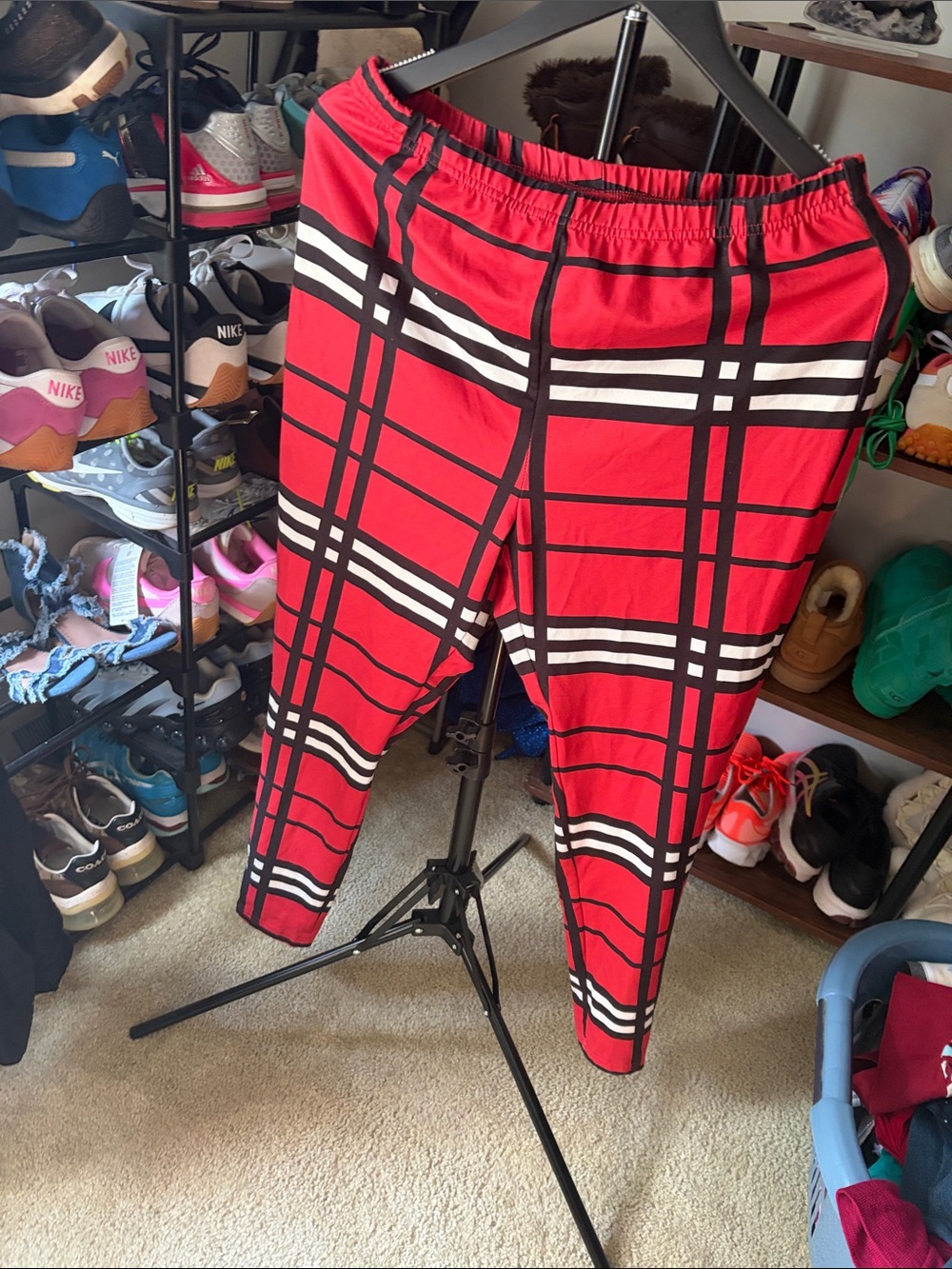 SHEIN Red Plaid Leggings with Black & White Stripes